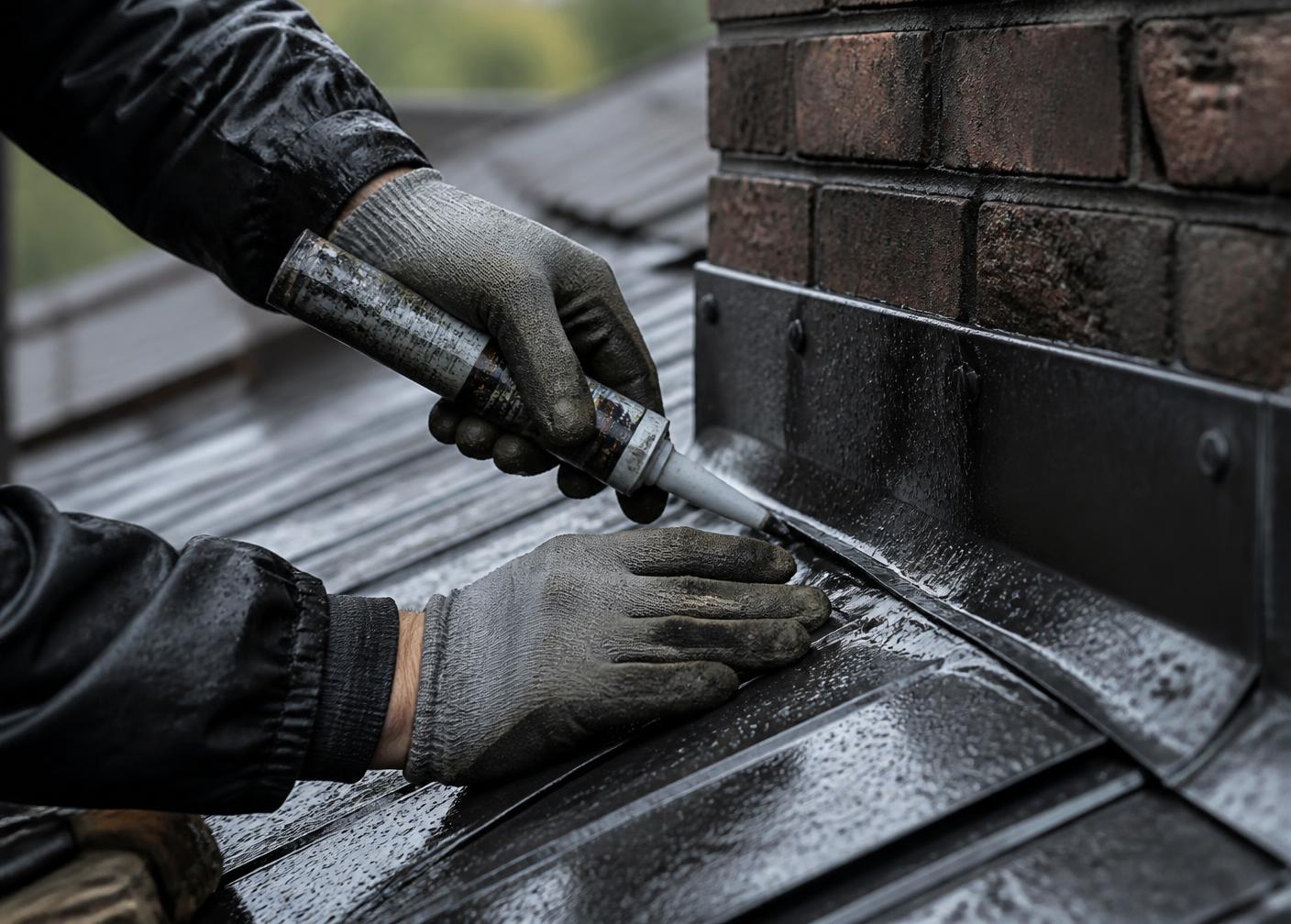 Roofer sealing flashing against a chimney